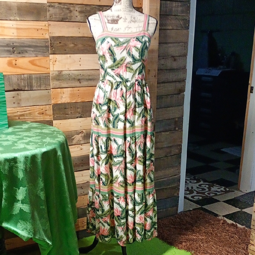 LOFT Tropical Green and Pink Maxi Dress